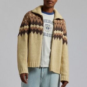 NWT BDG Knit Tacoma Geometric Patterned Full Zip Cardigan Sweater Brown & Cream